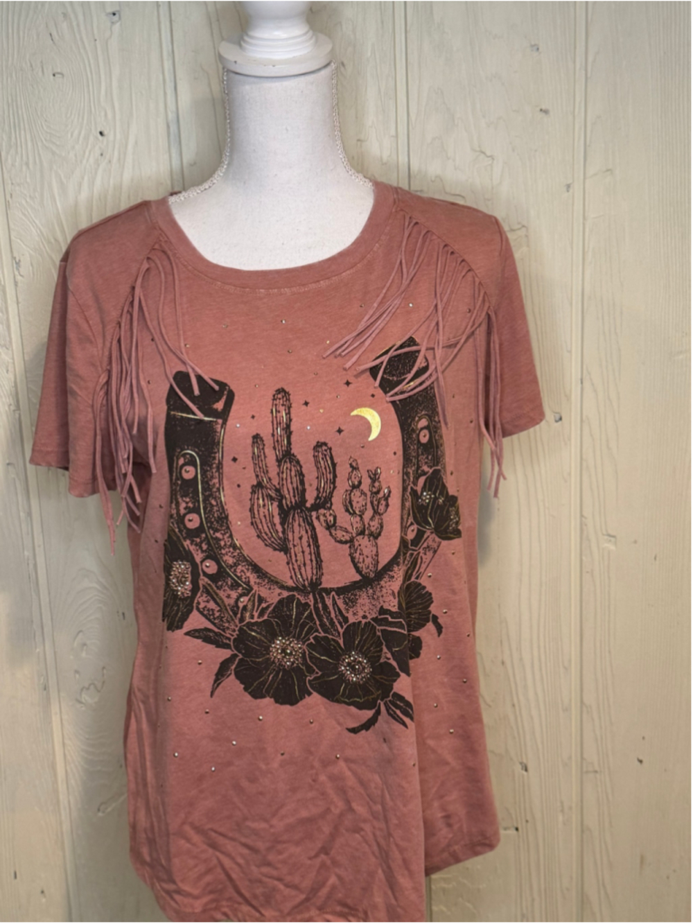 Joei & I Fringe Cactus Graphic Tee Size M Pink Gold